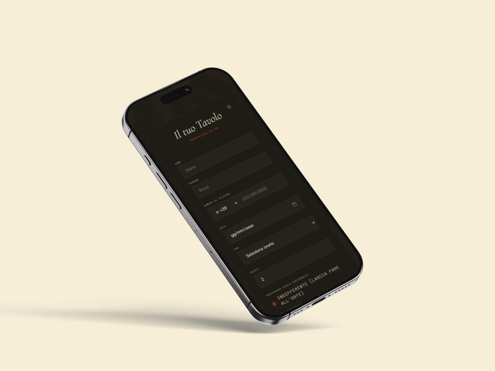 Modale prenotazione online — Osteria del Sud su iPhone